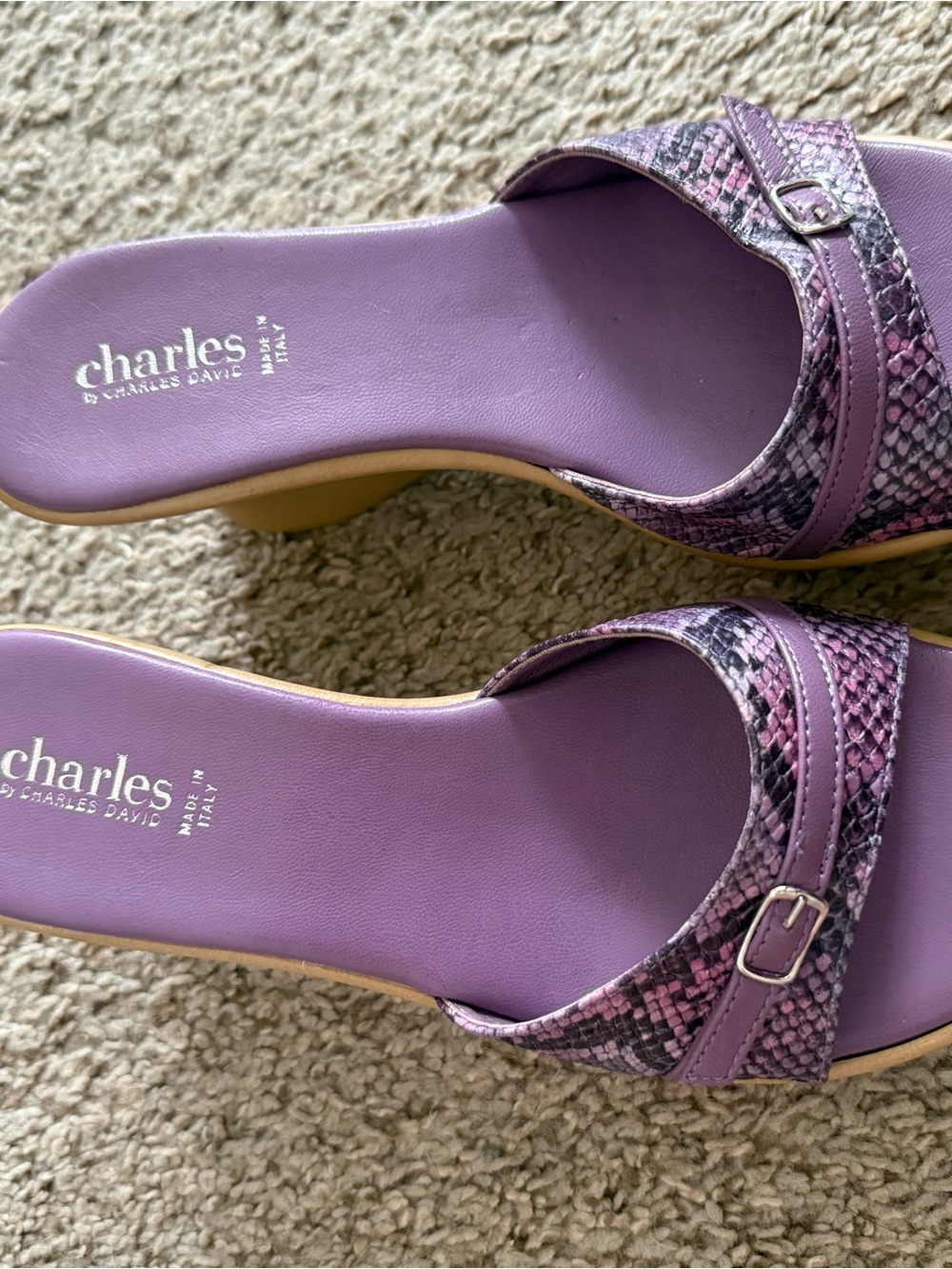 Charles by Charles David Purple Snake-Print Slide Mules